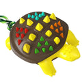 Mint-flavoured dinosaur knot dog chew toy made from natural rubber, shown in blue and chocolate colour.