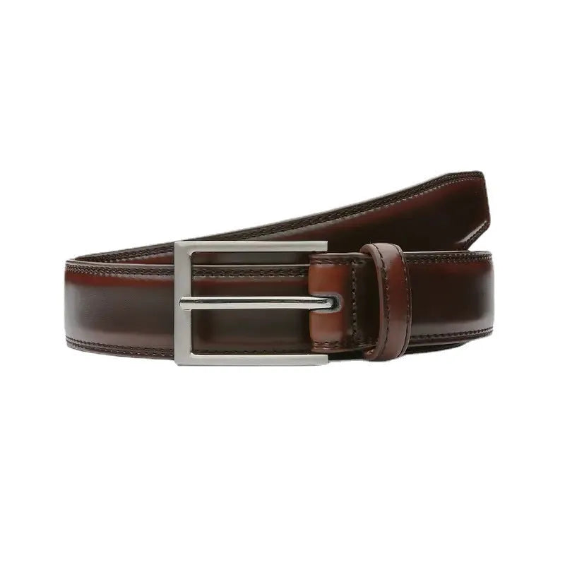 Men's brown genuine leather casual belt with 95 grain pattern and alloy buckle, laid flat to show length.
