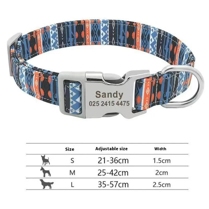 Colourful canvas dog collar with semi-metal buckle in striped floral pattern