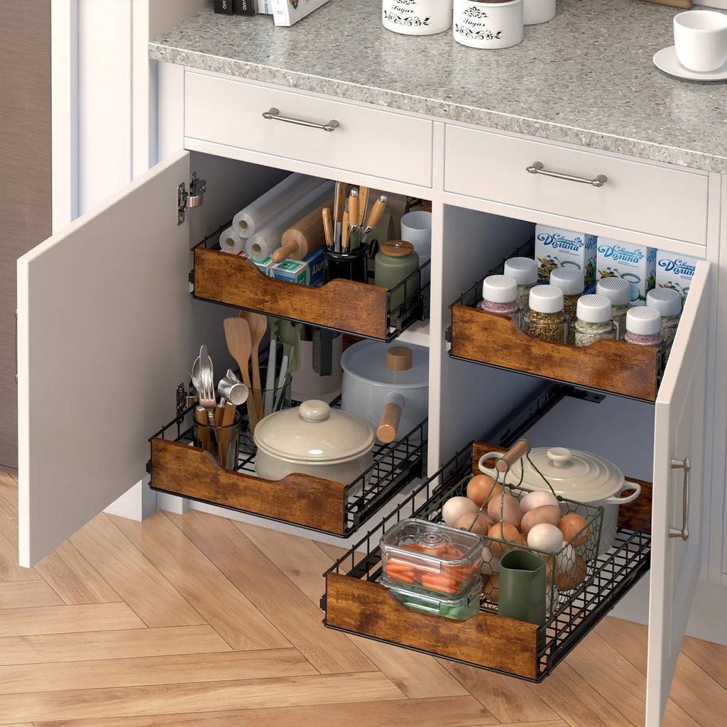 Black household storage rack with a pull basket drawer, made from wood and iron.
