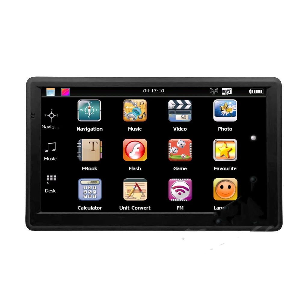 7 inch car GPS navigation device with touch screen display showing maps
