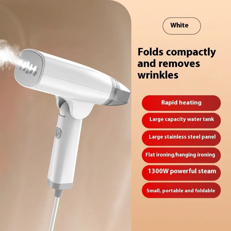 Blue or white handheld garment steamer with power cord and steam nozzle, showing compact size.