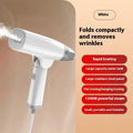 Blue or white handheld garment steamer with power cord and steam nozzle, showing compact size.