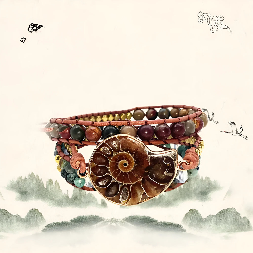 Natural stone bohemian conch bracelet in picture colour on a light background
