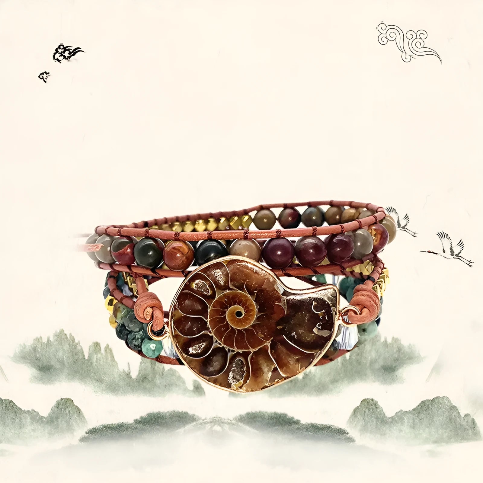 Natural stone bohemian conch bracelet in picture colour on a light background