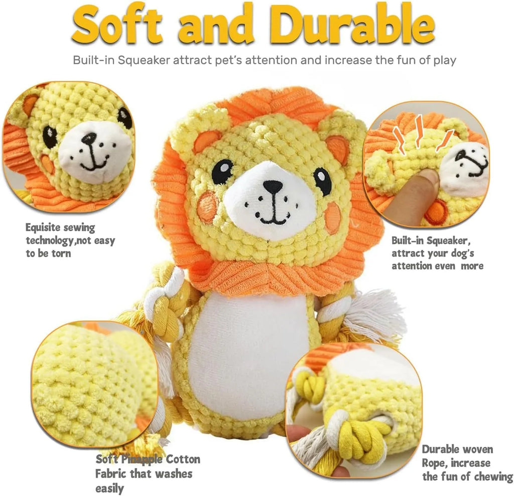 Lion and monkey plush squeaky dog toys bundle for medium to large dogs