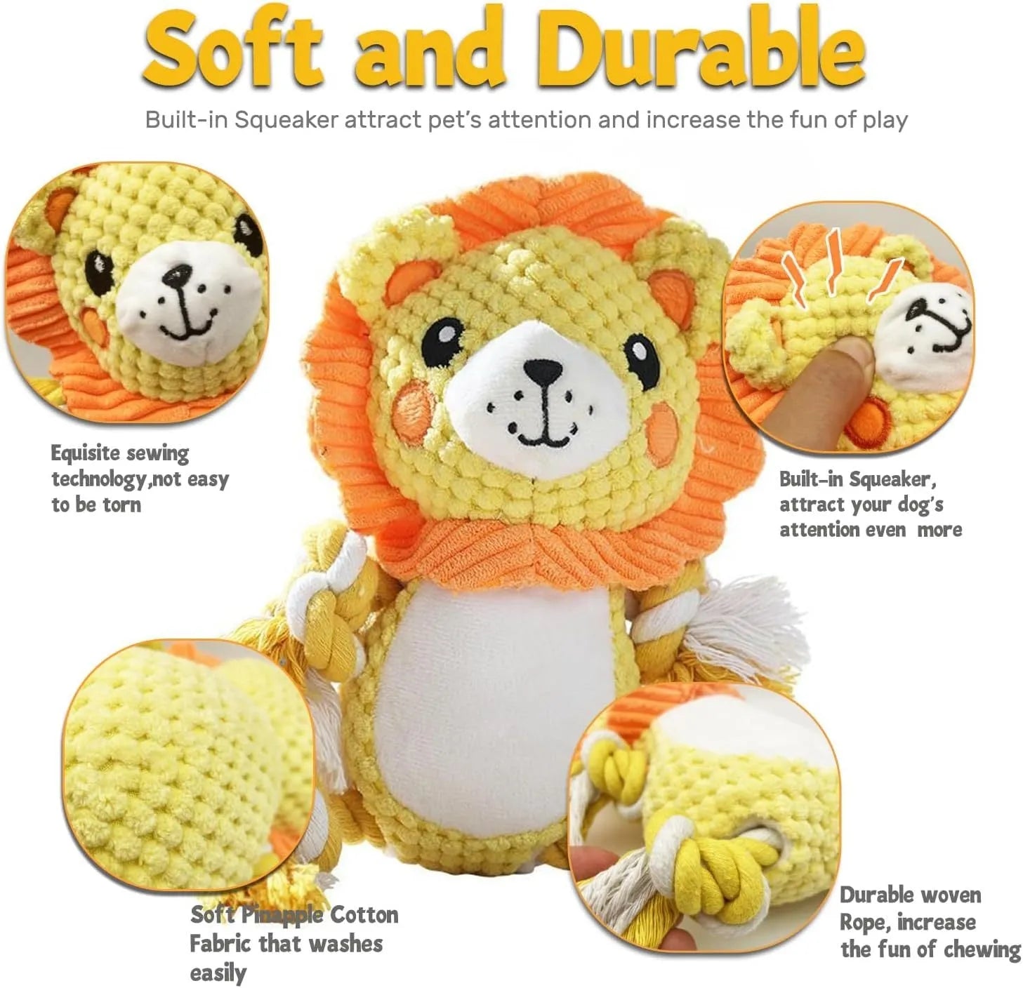 Lion and monkey plush squeaky dog toys bundle for medium to large dogs