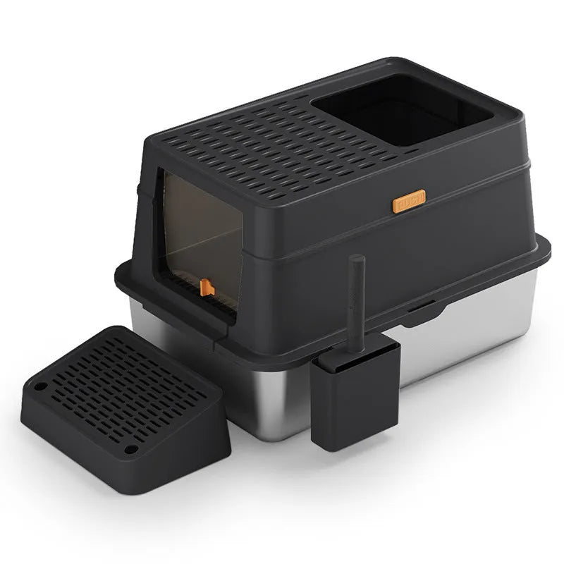 Grey enclosed cat litter box with a foot pedal and stainless steel pan inside