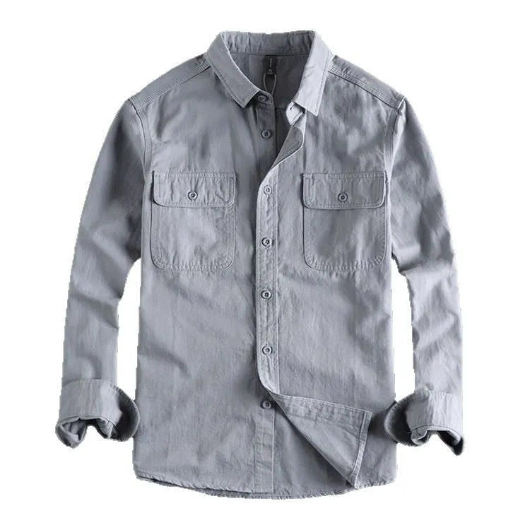 Men's loose long sleeve cardigan shirt in light grey, black, khaki, or green.