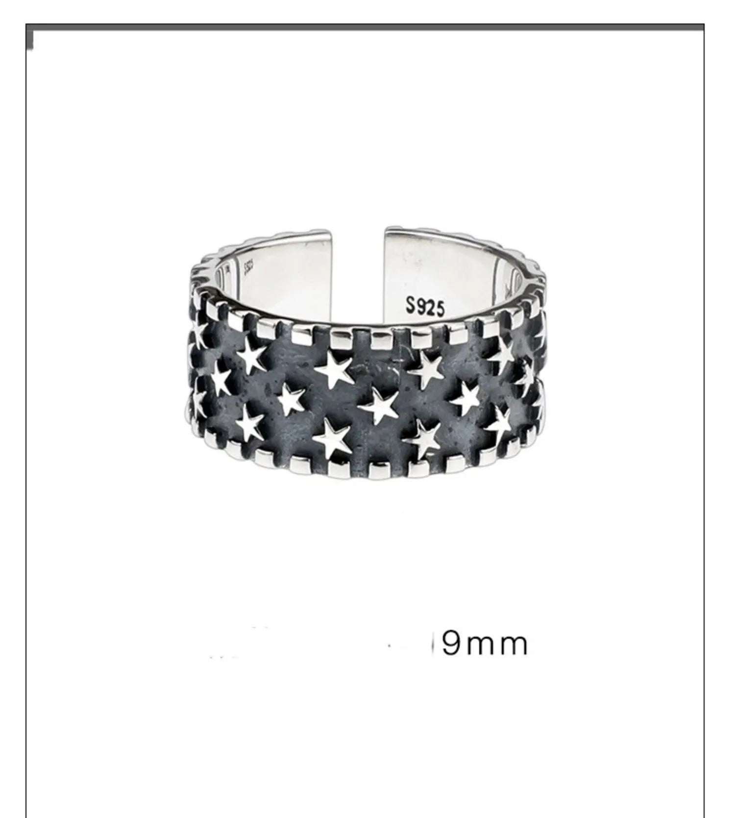Sterling silver ring with geometric multi star pattern and adjustable opening.