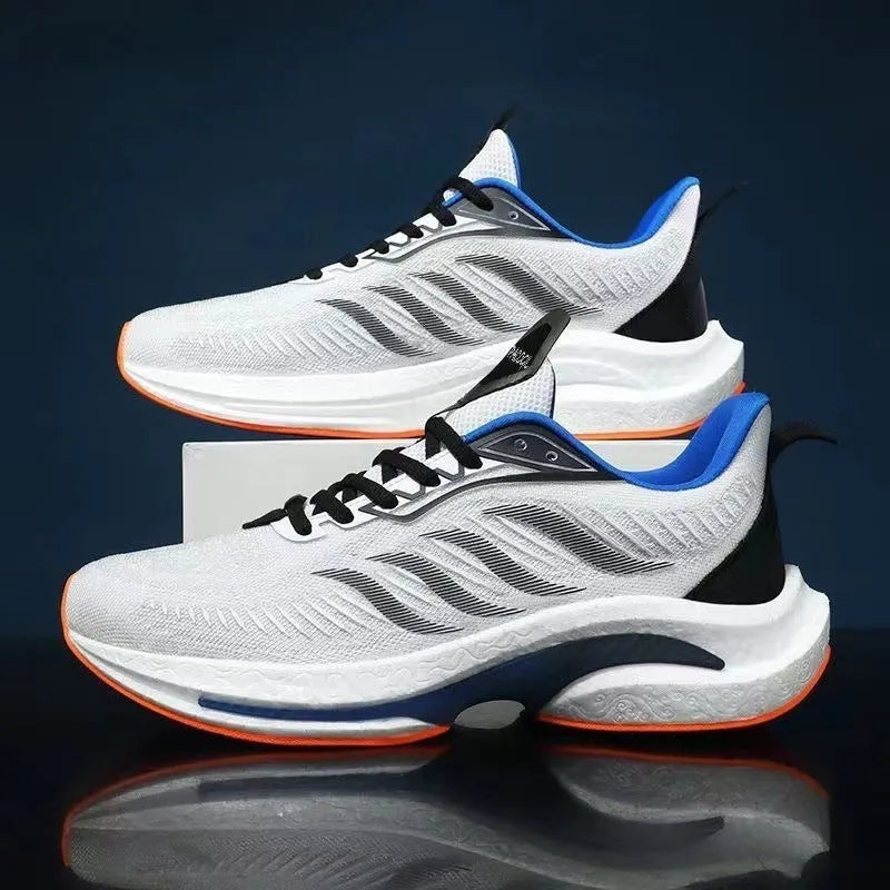 Breathable low-top casual sports shoes with cloth lining in black, orange, and white blue