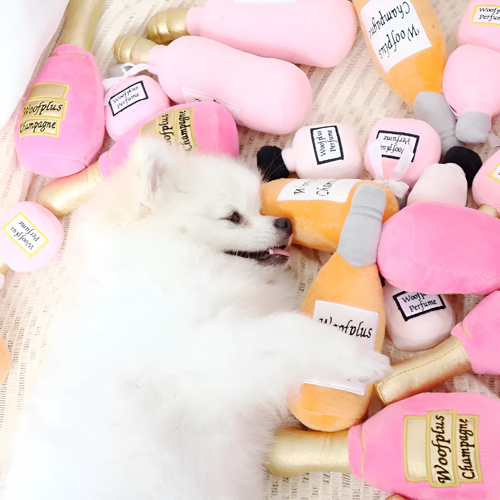 Plush wine bottle shaped dog toy with squeaker in multiple colour variations