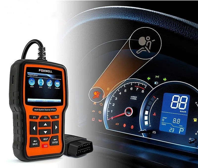 Orange and black Foxwell NT510 automotive diagnostic scanner with OBD2 cable and large colour screen
