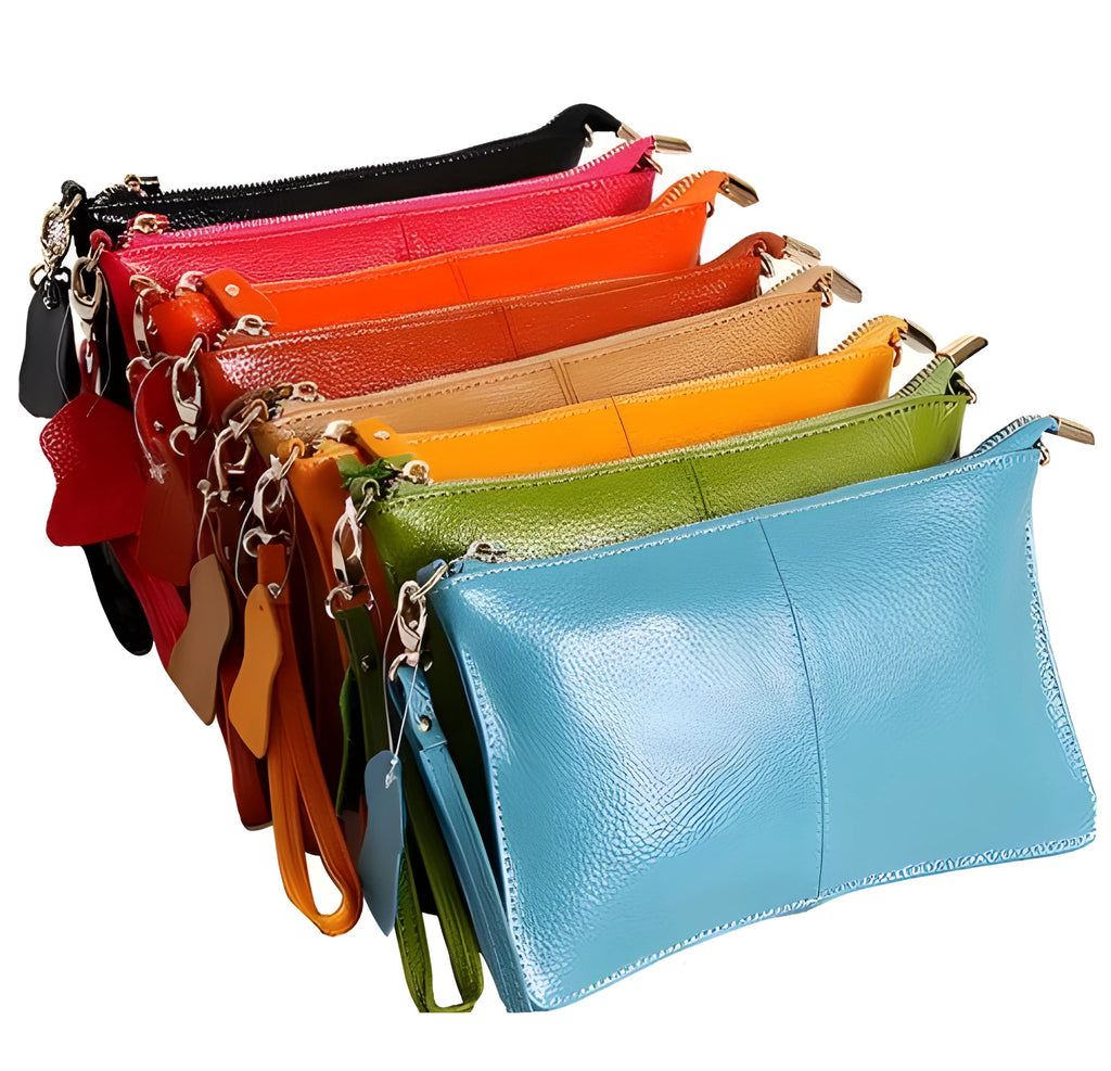 Lady cowhide slant handbag showing front compartment and adjustable shoulder strap in multiple colour options