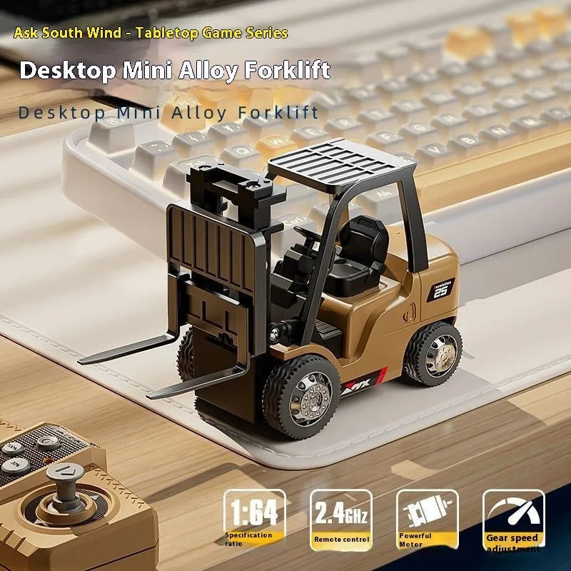 Blue die-cast alloy remote control forklift toy with cargo accessories on wooden pallet