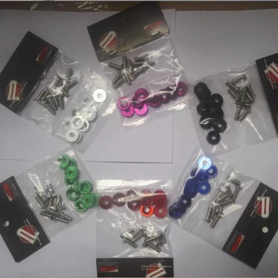 Ten car modification gasket screws displayed in eight different colours for automotive engine bay customisation