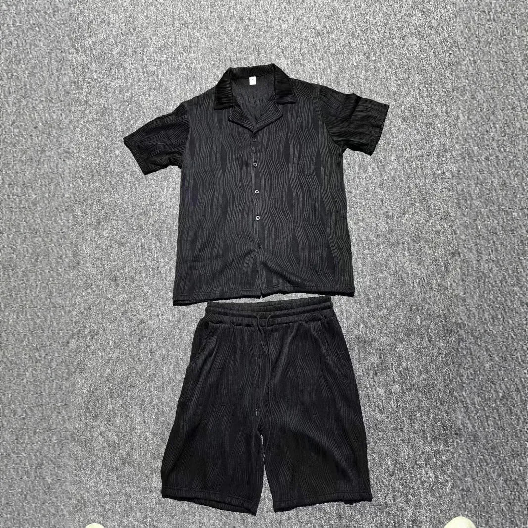 Men's black wave pattern short sleeve shirt and matching shorts casual summer suit