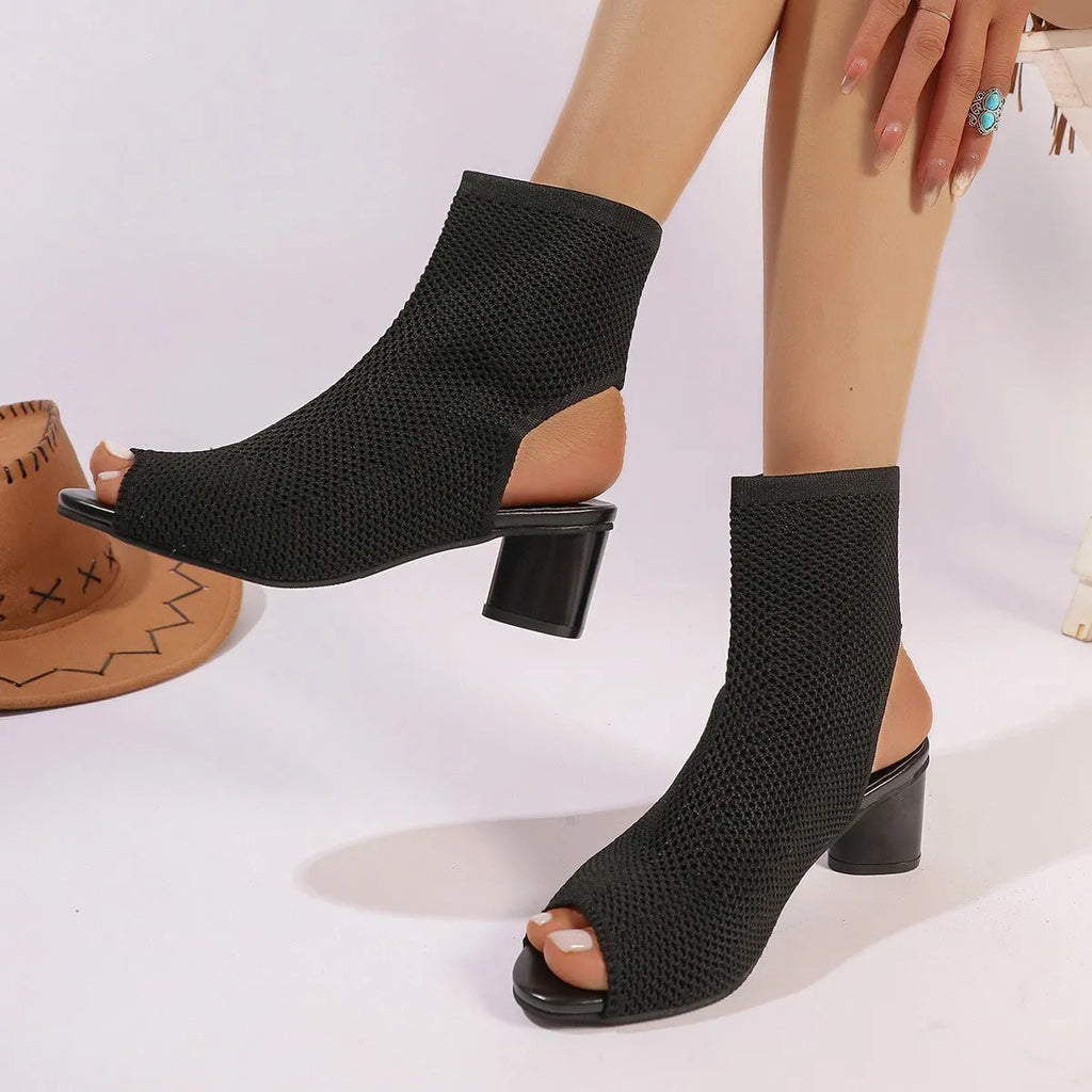 Women's 668 fish mouth pointed-toe hollowed knit chunky heel ankle boots in black and khaki