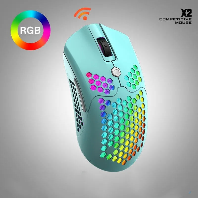 Free Wolf X2 wireless gaming mouse with RGB lighting in black, green, pink, white, and yellow colour options.