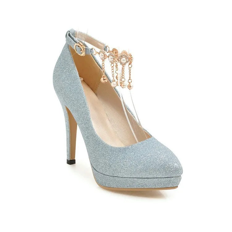 Women's blue platform stiletto high heel shoe with pointed toe and fabric upper.
