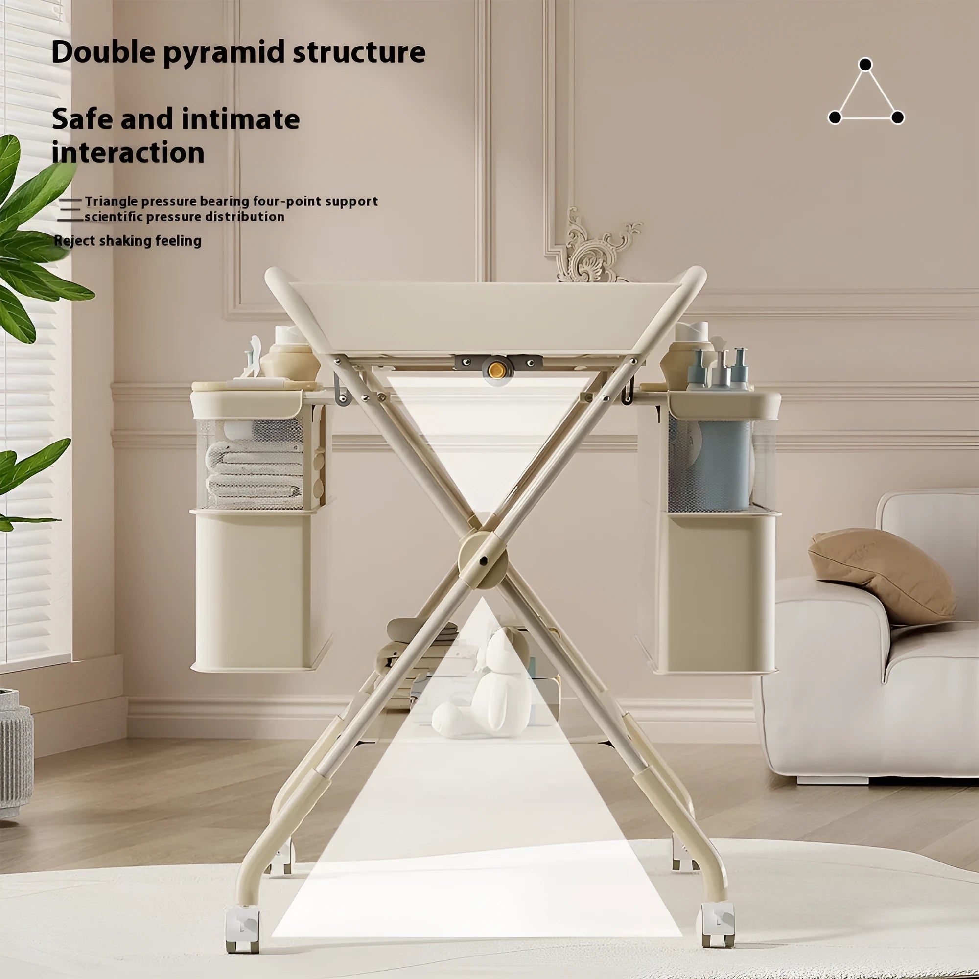 Baby care foldable multifunctional diaper-changing table with safety belt and storage baskets in beige top configuration