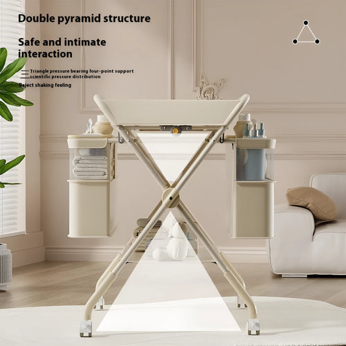 Baby care foldable multifunctional diaper-changing table with safety belt and storage baskets in beige top configuration