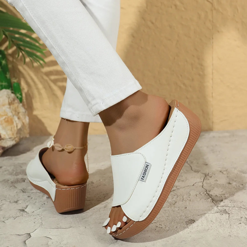 Women's wedge slippers sandals with fish mouth open toe and thick brown sole