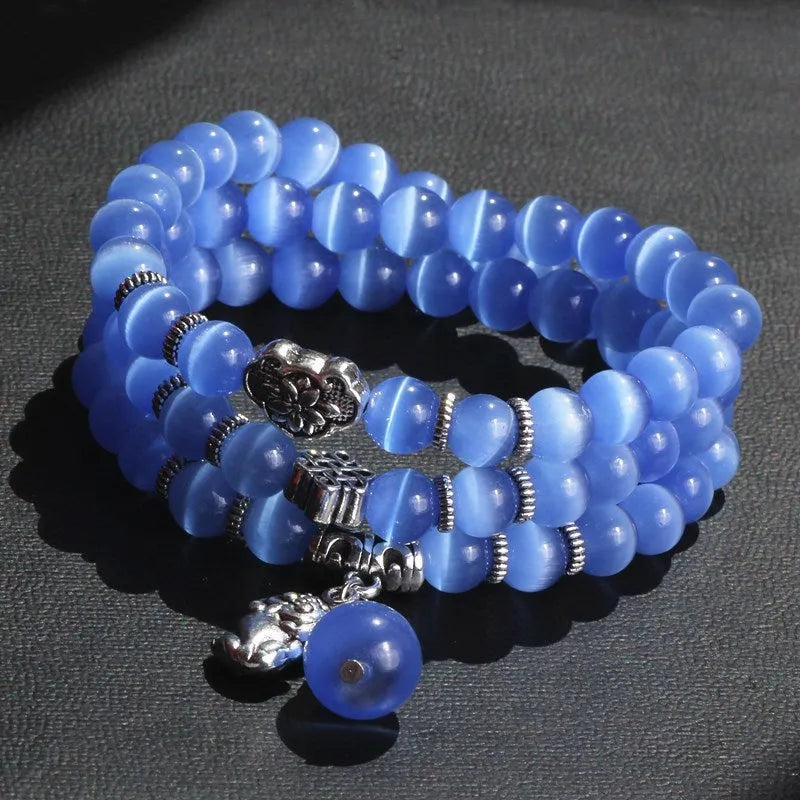 Opal lucky cat cartoon bracelet with geometric 8mm beads in adjustable 52cm length
