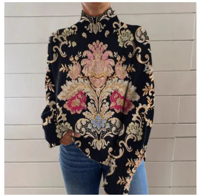 Black 3D pattern printed turtleneck long sleeve loose fit sweater on a hanger.