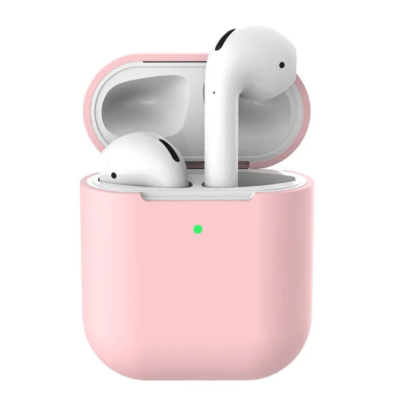 Silicone clamshell protector case for AirPods 2 wireless earphones shown in multiple colour options.