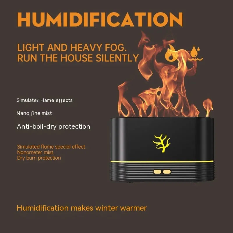 Square-shaped USB flame humidifier with LED aroma diffuser in white or black colour creating realistic fire effects