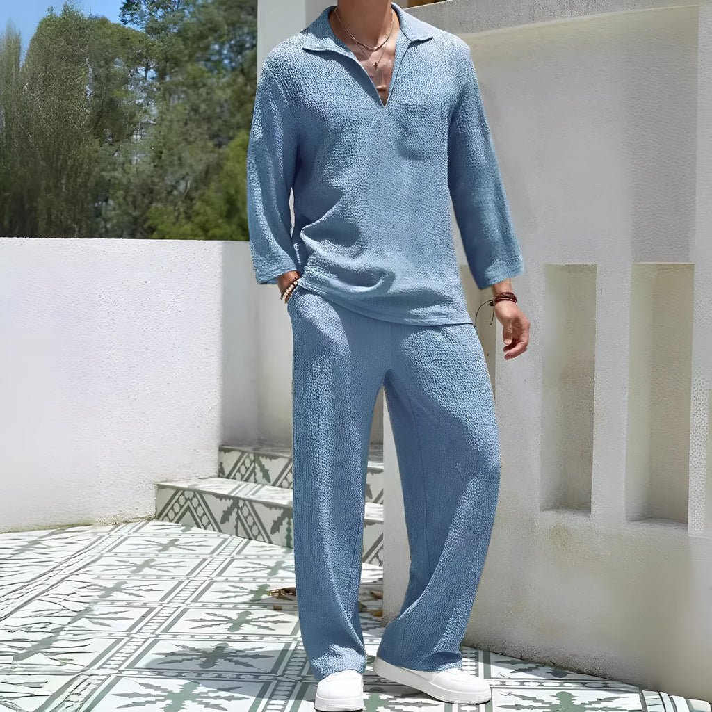 Men's casual shirt trousers suit set in polyester fibre fabric available in four colours