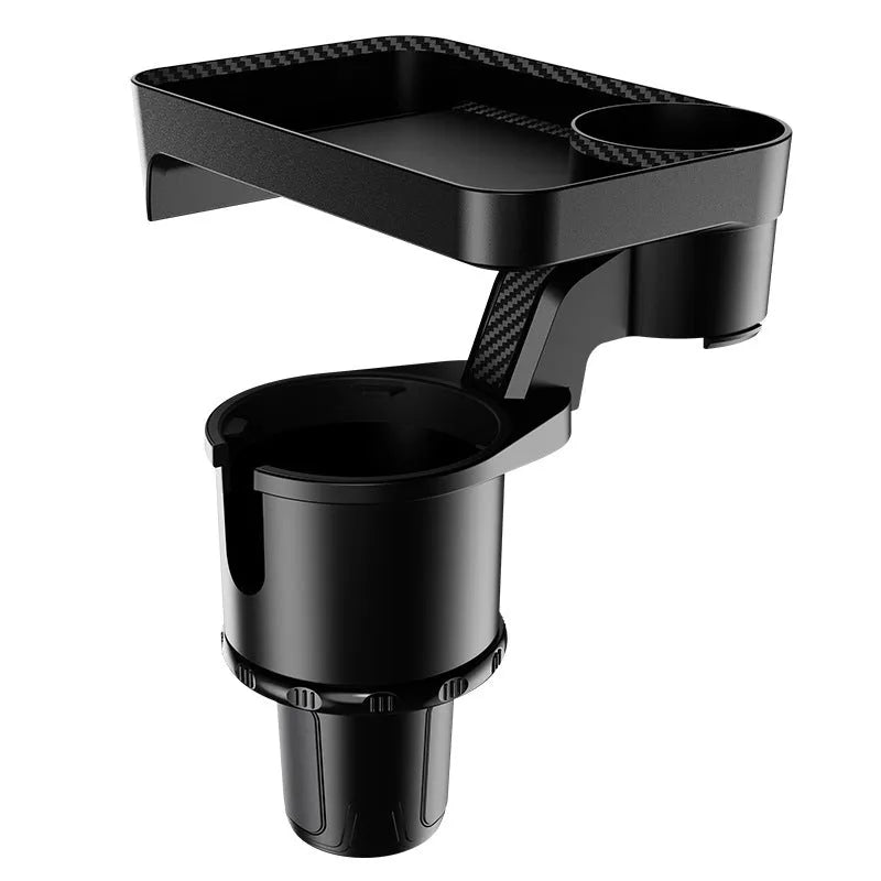Black ABS plastic car-mounted dinner tray holder rotating in a vehicle cup holder.