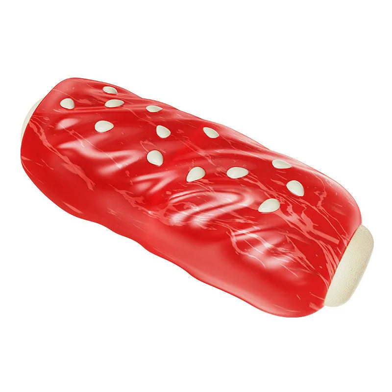 Blue and red plastic dog toy with toothbrush and molar rod textures for chewing and dental care.