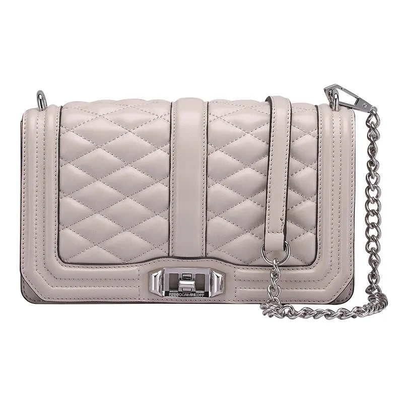 Women's shoulder chain bag in first layer cowhide with plaid pattern and chain strap, square shape
