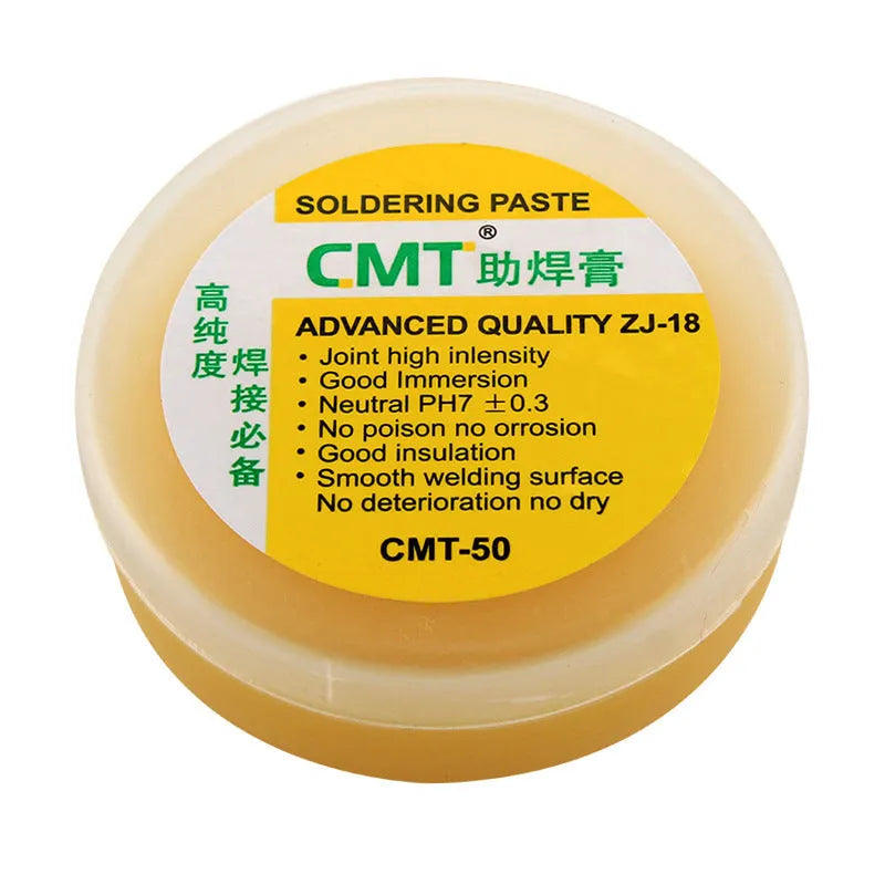 Two containers of rosin soldering flux paste for electric soldering irons: 50g and 85g formats