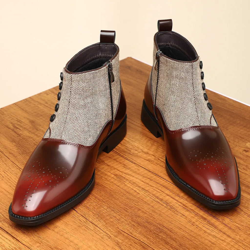 Men's brown retro formal shoes with square toe and side zipper on a rubber sole.