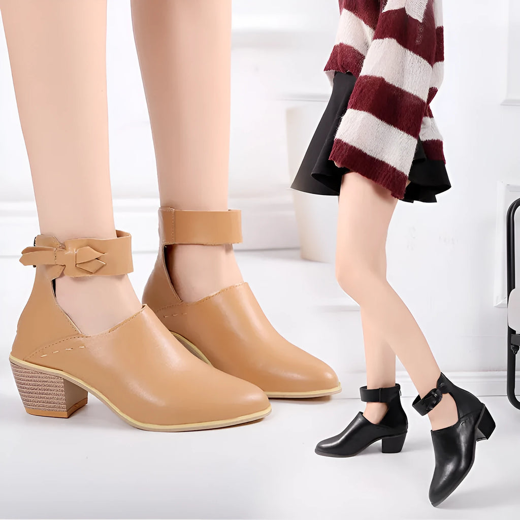 Vintage high heel ankle boots for women in black round toe PU leather mid heel 3-5 cm