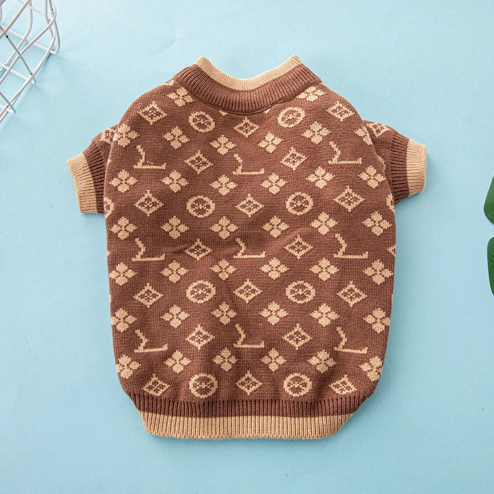 A thick wool dog sweater for winter in a choice of monochrome or two colours, shown in size L.