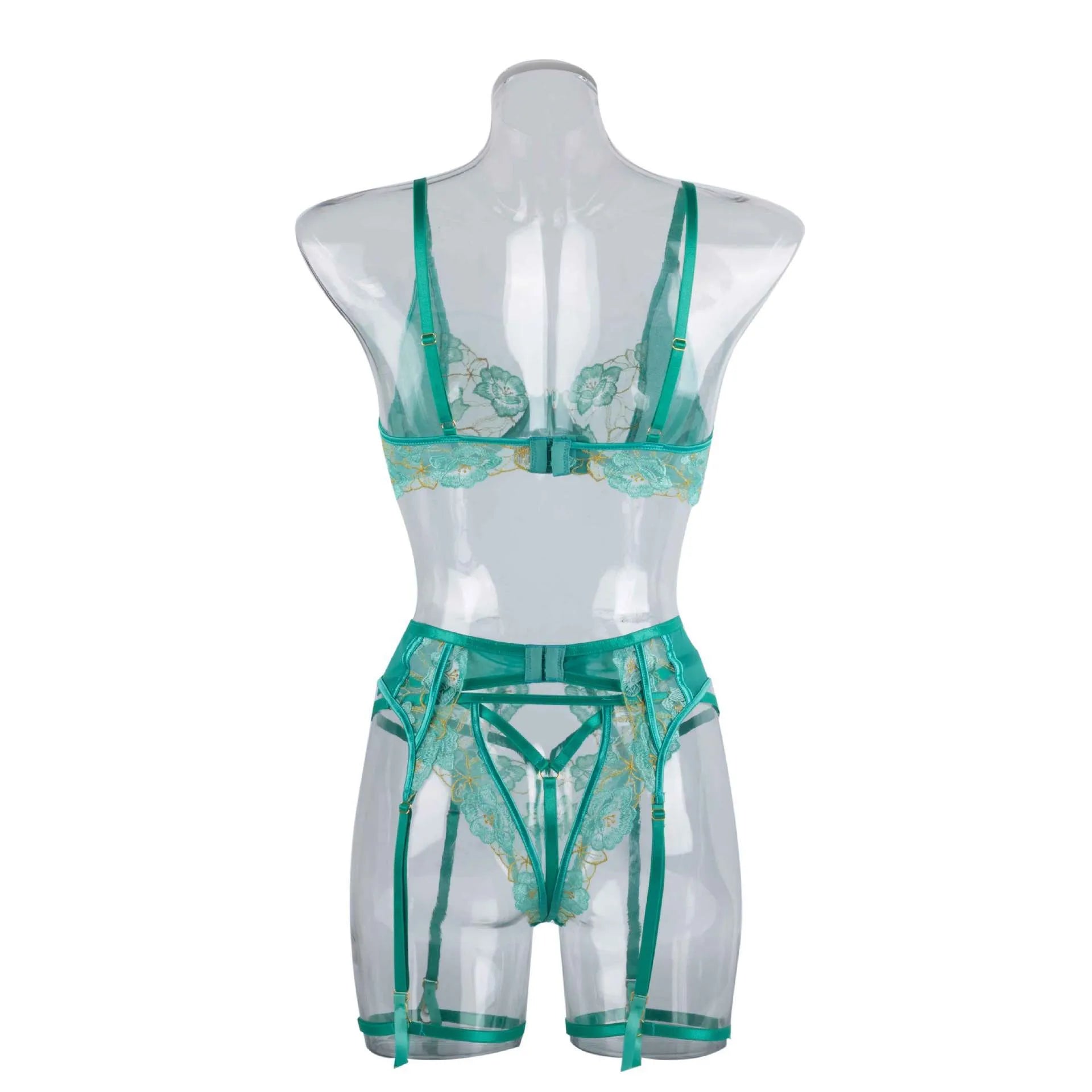 Light green women's embroidered bra set with three-point style and tights on a mannequin.