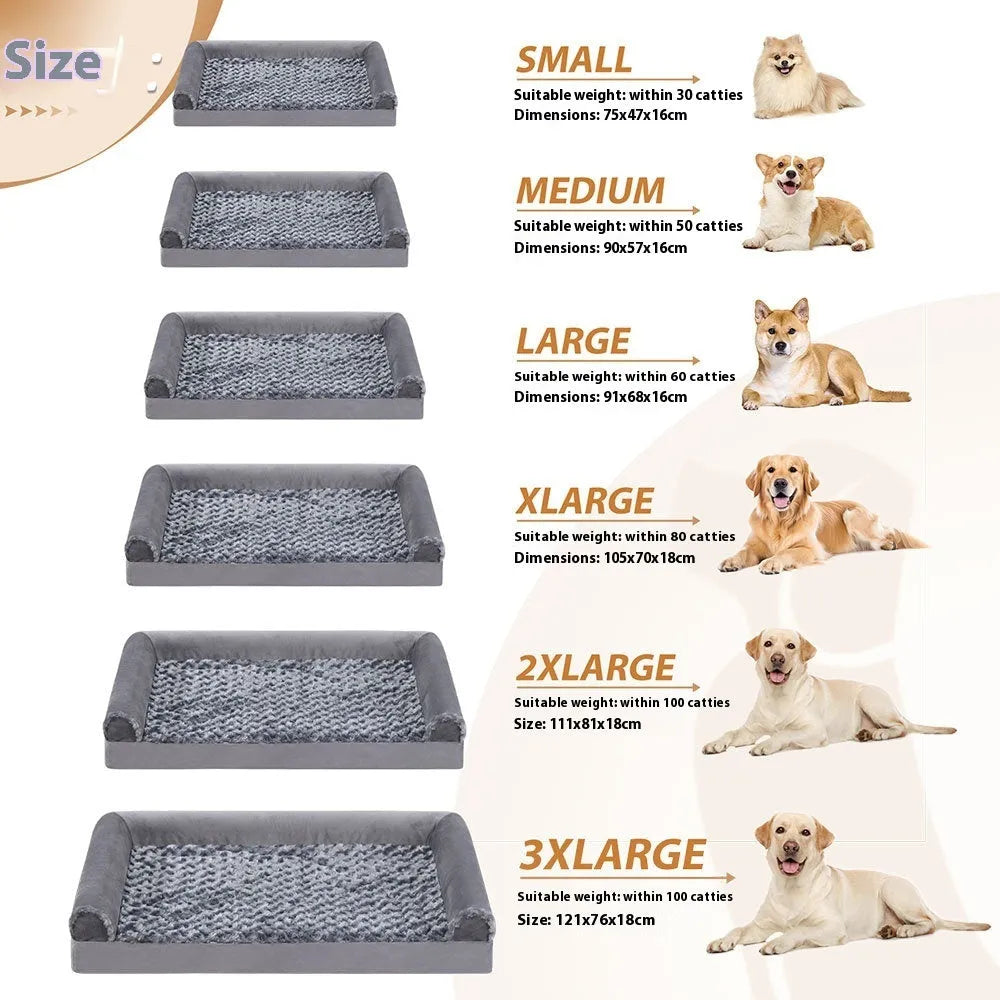 Grey U-shaped velvet dog sofa with removable washable cover and sponge filling