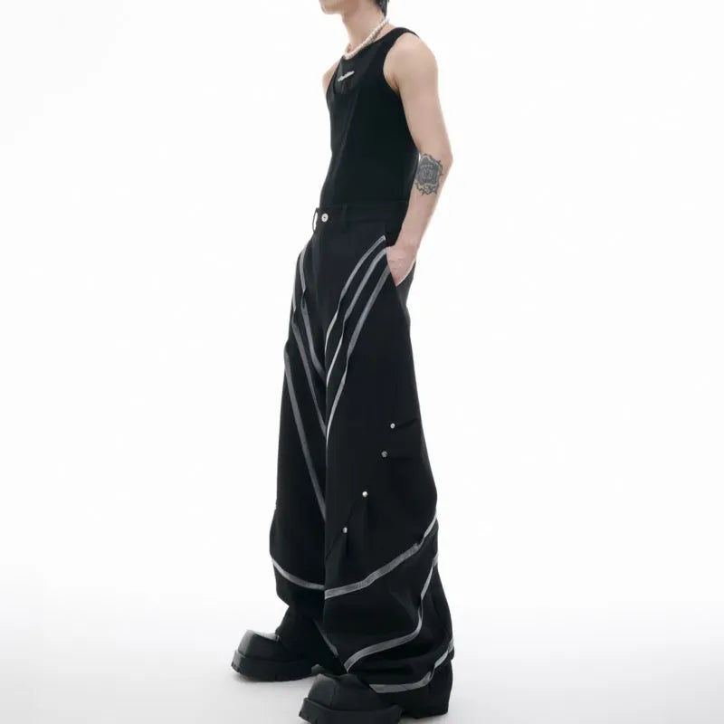 Men's polyester trousers with three-dimensional cutting, metal striped rivets, and pleated design in black or white