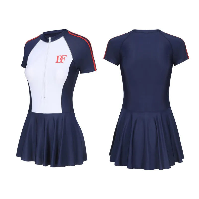Ladies conservative style one-piece swimsuit in elastic polyester for sports.
