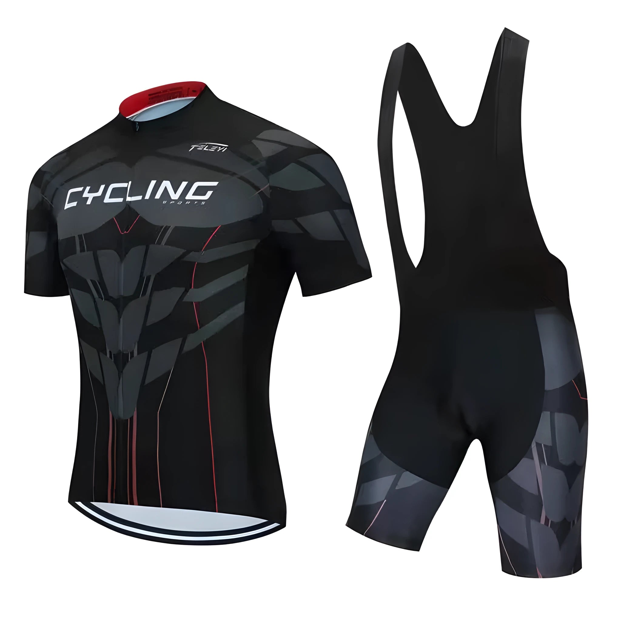 Cycling jersey and pants set for summer biking with moisture-wicking fabric.