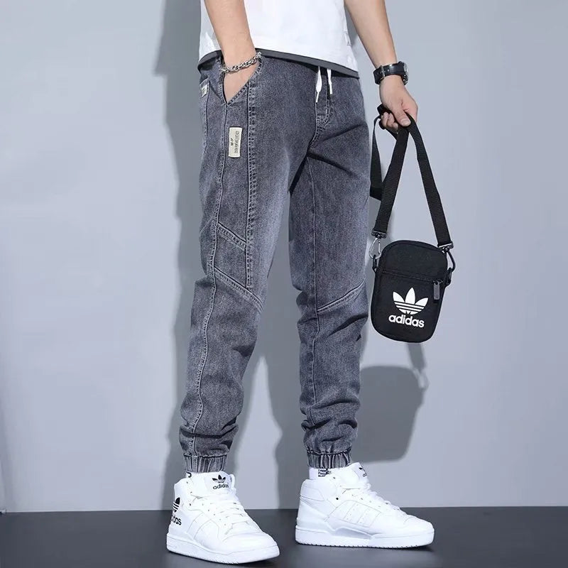 Men's slim fit ankle-tied harem jeans in blue, black, and gray – straight-leg cotton denim trousers