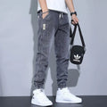 Men's slim fit ankle-tied harem jeans in blue, black, and gray – straight-leg cotton denim trousers