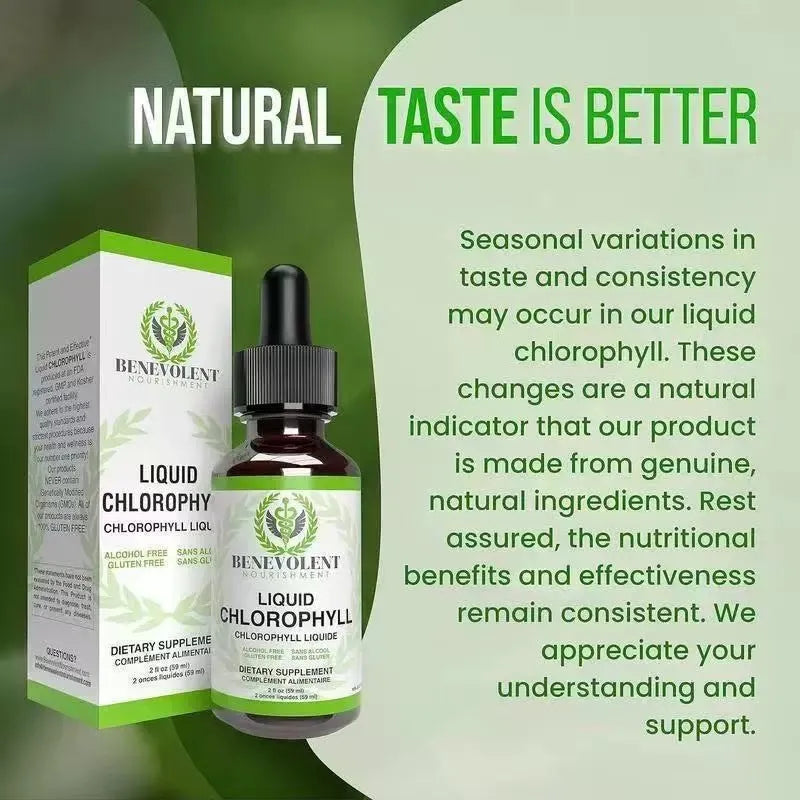 60ml glass bottle of natural liquid chlorophyll drops with dropper for adult supplementation.