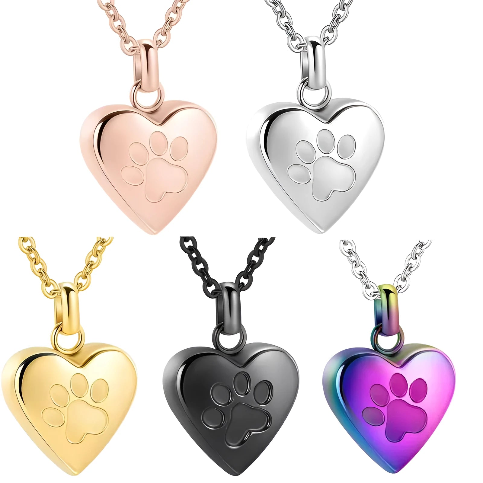 Silver titanium steel heart casket necklace with paw print design on a black background.