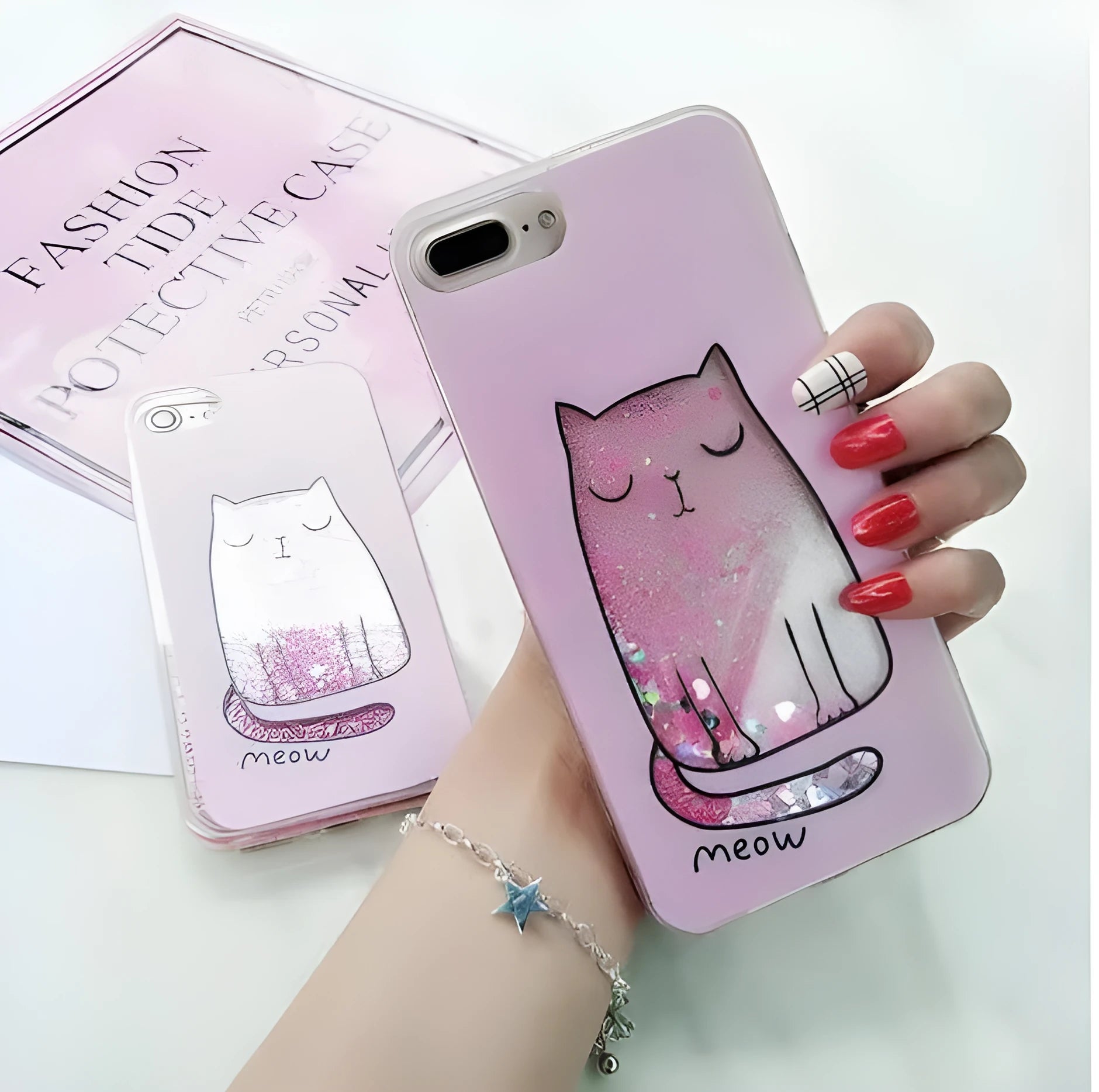 Colourful cat phone case with glitter accents for iPhone 6 to X models