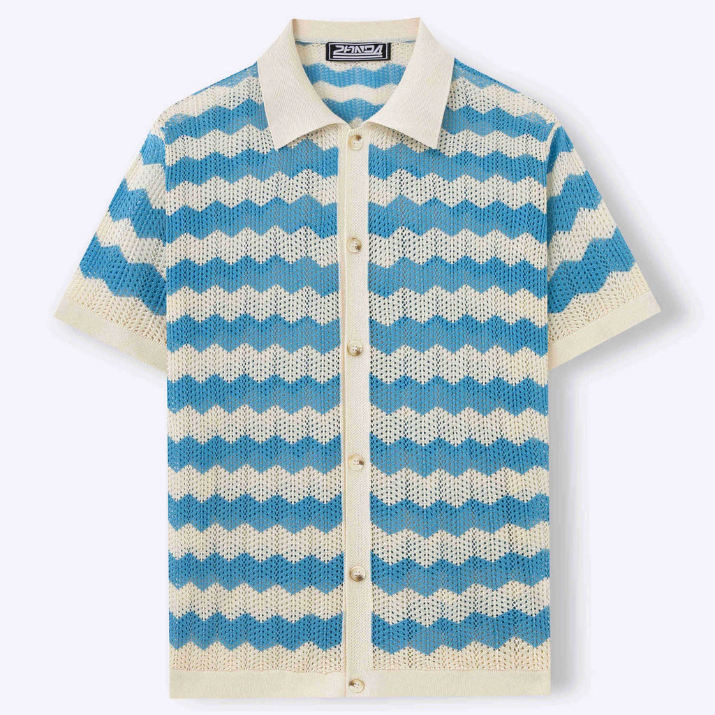 Short sleeve corrugated Tencel sweater with a blue hollow jacquard texture on a hanger.